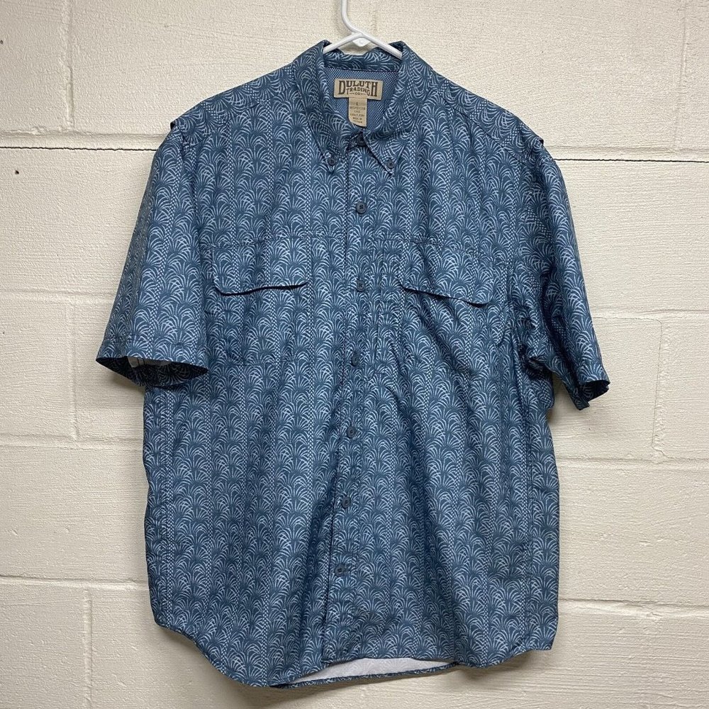 Duluth Trading Mens Button Down Action Shirt Short Sleeve Blue Size Large